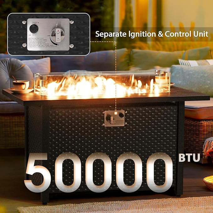 Super Patio 8 Pieces Outdoor Patio Furniture Set with 45” Fire Pit Table, Rattan Patio Conversation Sets with 50000 BTU Gas Fire Pit, Wicker Sectional Sofa Set with Storage Box, Gray (Without Table)