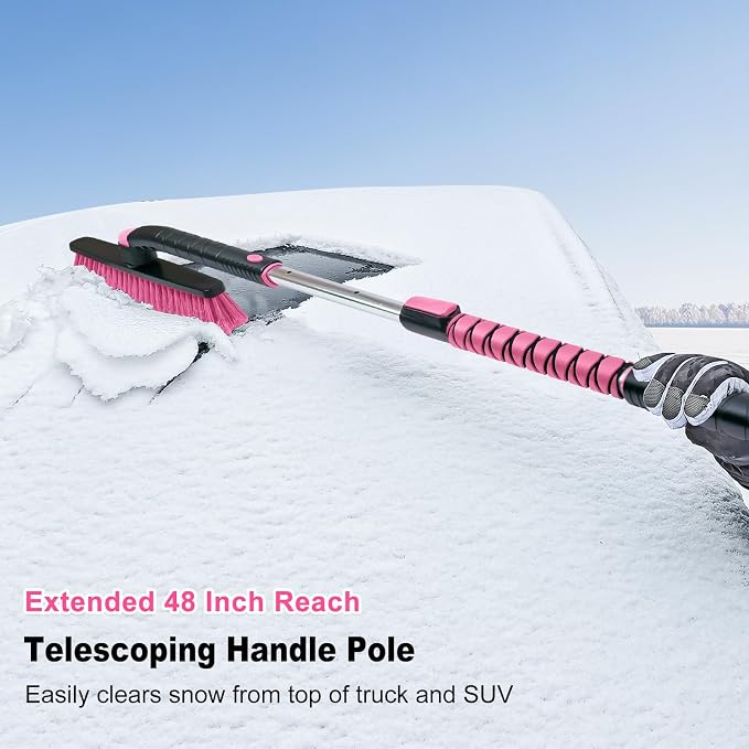 HEEYA 48 Inch Long Snow Brush for SUV, Extendable Ice Scraper and Brush with Foam Grip, 360° Pivoting Snow Car Brush for Truck Auto Jeep RV Vehicle Windshield Window - Pink - Image 2
