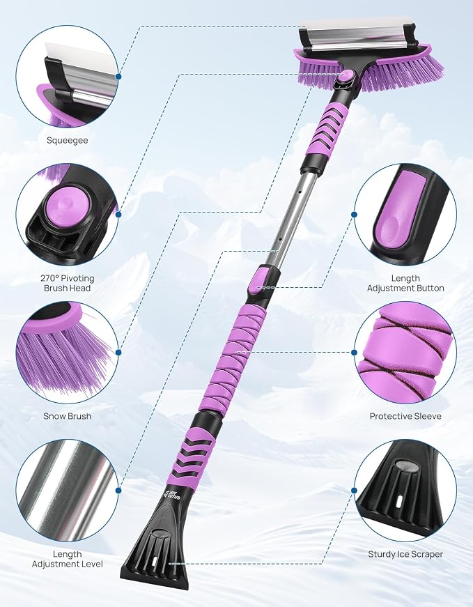 JOYTUTUS 41.5IN Extendable Snow Brush and Ice Scraper, 270°Pivoting Snow Scraper Brush for Car Windshield, Telescoping Ice Scraper, Foam Grip, Heavy Duty Snow Remover for Cars, Trucks, SUV (Purple) - Image 7