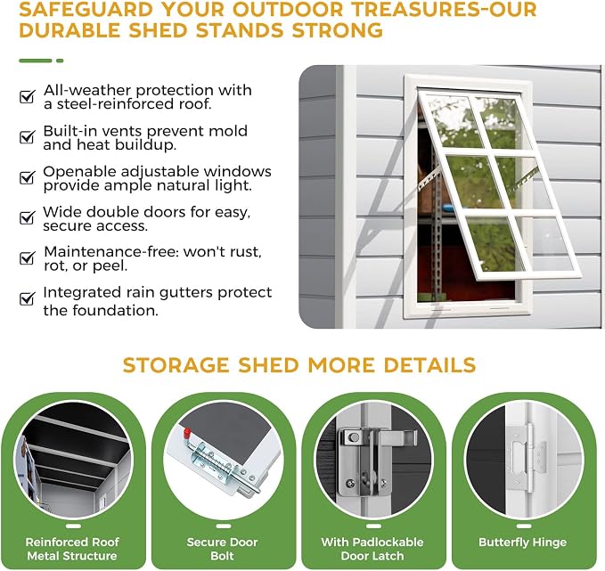 WACASA 4x8 FT Outdoor Storage Shed with Floor, 21-Gauge Reinforced Steel & 16mm Thickened Resin Walls, Space-Saving Lean-to Tool House with 2 Awning Windows & Lockable Single Door for Side Yard - Image 6