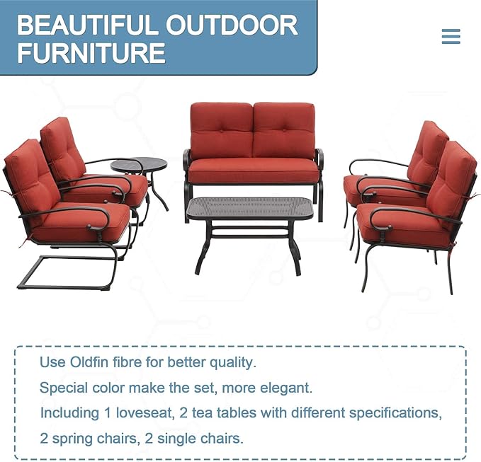 SOLAURA Outdoor Metal Furniture Sets 7-Piece Patio Conversation Set (2 Spring Chairs, 2 Patio Chairs, Loveseat with Coffee Table and Side Table), Red