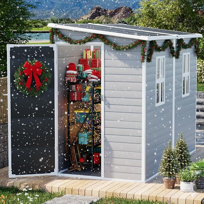 WACASA 4x8 FT Outdoor Storage Shed with Floor, 21-Gauge Reinforced Steel Frame & 16mm Thickened Resin Walls, Space-Saving Lean-to Tool House with 2 Windows & Lockable Single Door for Side Yard - Image 8
