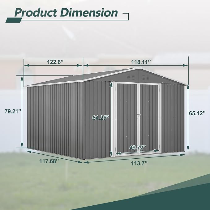 YOPTO 10×10 FT Outdoor Storage Shed,Metal Aluminum Waterproof Tool Sheds with Doors and Vents,Heavy-Duty Sheds Unit W/Lock and Key,for Storing Bicycles,Lawnmowers,Barbeques,Gray - Image 2