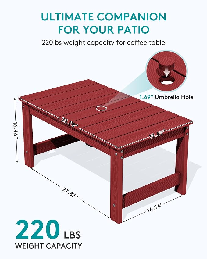 SERWALL Outdoor Coffee Table with 1.69" Umbrella Hole, HDPE Patio Coffee Table for Outside, Rectangle, Red - Image 3
