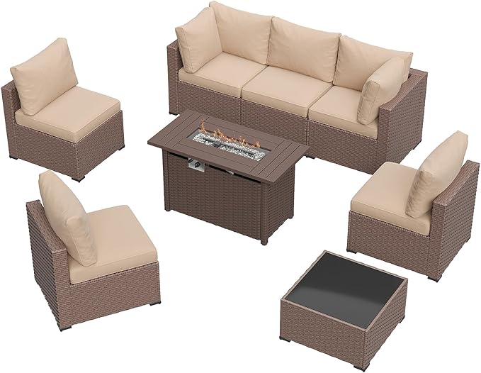 Aoxun 8 Piece Patio Furniture Set with 44” Fire Pit Table, Wicker Rattan Patio Sectional Sofa, Outdoor Furniture Set with Thickened Cushion, Light Gray