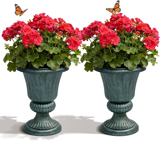 MoNiBloom 20'' Plastic Urn Planter Vase Set of 2, for Outdoor Indoor Plants Garden Patio Vintage Decorative Wedding Pedestal Roman Flower Pot Decoration Retro Home Front Porch Door Decor (Dark Green)