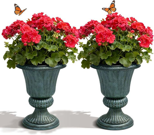 MoNiBloom 20'' Plastic Urn Planter Vase Set of 2, for Outdoor Indoor Plants Garden Patio Vintage Decorative Wedding Pedestal Roman Flower Pot Decoration Retro Home Front Porch Door Decor (Dark Green)