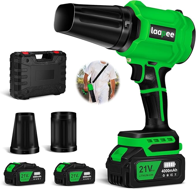 Leaf Blower Cordless,Battery Powered 800,000 RPM Electric Leaf Blower with 2 x 4.0Ah Battery and Charger Handheld Blowers for Lawn Care,Dust,Snow,Car Blowing Water with 2 Extended Nozzle,Dark Green by laapee