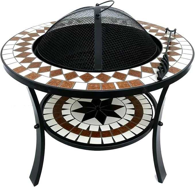 Mosaic Outdoor Fire Pit Table with BBQ Grill, Round Terracotta Pattern Top, Black Metal Stand, Patio Garden Decor Customized (Black) - Image 3