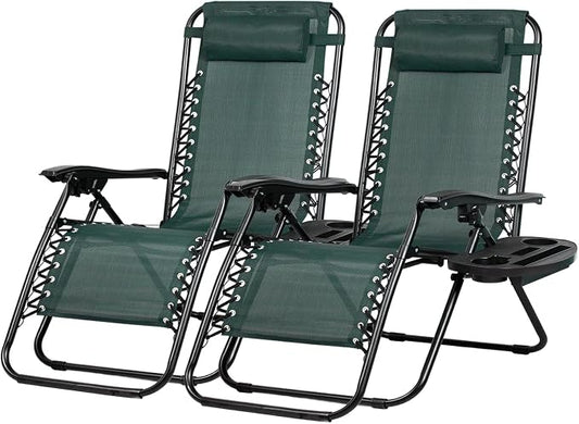 Nazhura Set of 2 Relaxing Recliners Patio Chairs Adjustable Steel Mesh Zero Gravity Lounge Chair Beach Chairs with Pillow and Cup Holder (Dark Green) by NazhuraGoodCompanionAtHome
