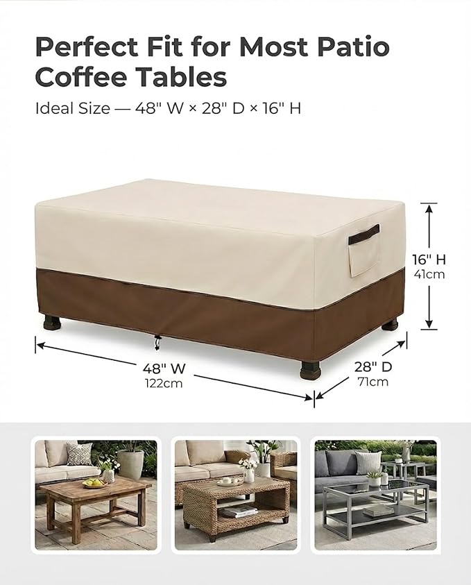 Waterproof Patio Coffee Table Cover, 600D Heavy Duty Outdoor Furniture Covers, Weather & UV Resistant, Windproof with Buckles, Rectangular Table Cover for Backyard Patio 48 x 28 x 16 in, Beige & Brown - Image 3