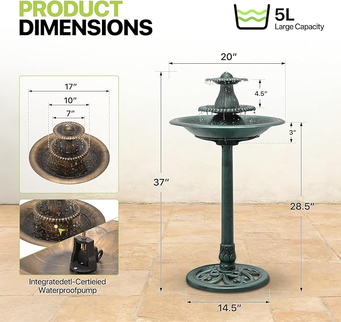 Magshion 37" Tall 3-Tier Outdoor Water Fountain, Pedestal Bird Bath for Outside, Cascading Water Feature and Birdbath for Garden, Patio, Deck, and Backyard, 1.3-Gallon (5L) Capacity, Bronze