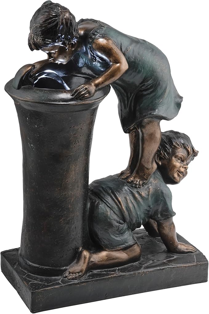 Alpine Corporation GXT472 27" Outdoor Floor Joyful Boy and Girl Drinking Water Fountain, Playful Garden Waterfall with LED Lights – Decorative Water Feature for Patios, Yards, and Gardens, Bronze