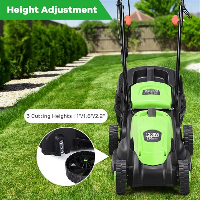 13-Inch Electric Lawn Mower 8 Gal Grass Collection Box 3 Adjustable Cutting Heights Lightweight 15.5LBS Push Mower for Garden (Green) - Image 3