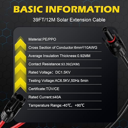 39Ft Solar Cable Solar Extension Cable,10AWG Solar Panel ExtensionCable with Female and Male Connectors,Waterproof Solar ExtensionCable Kit (Red and Black). - Image 2