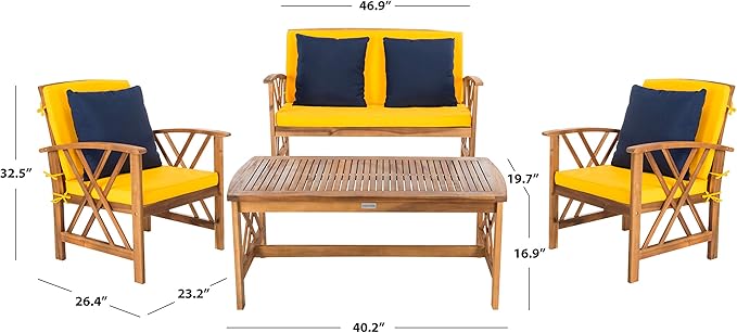 SAFAVIEH Outdoor Collection Fontana Natural/ Yellow Cushions/ Navy Pillows 4-Piece Conversation Patio Set