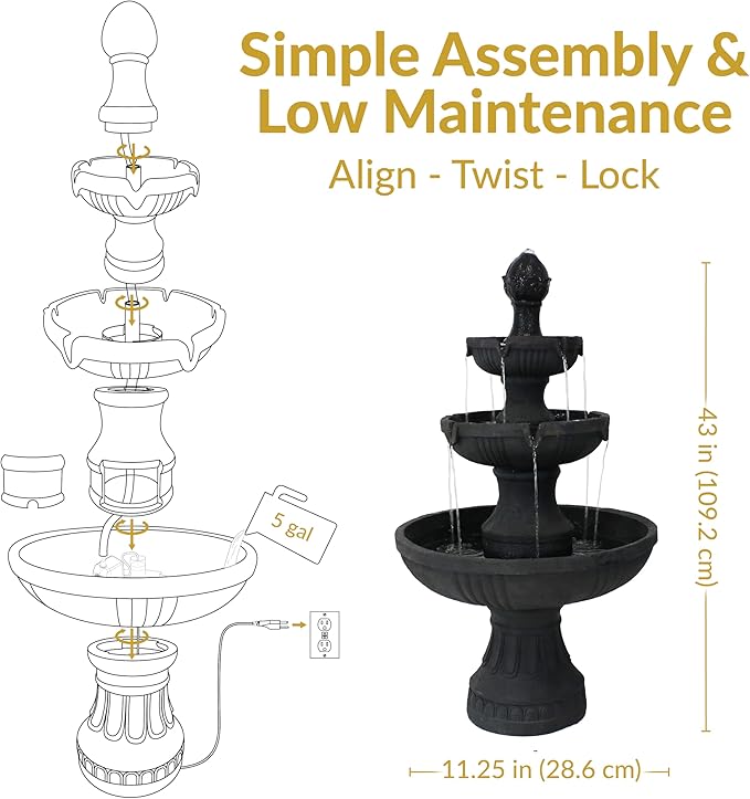 Sunnydaze Flower Blossom 43" Tiered Outdoor Water Fountain - 3-Tiered Outdoor Fountain for Garden, Patio, or Backyard - Black Finish