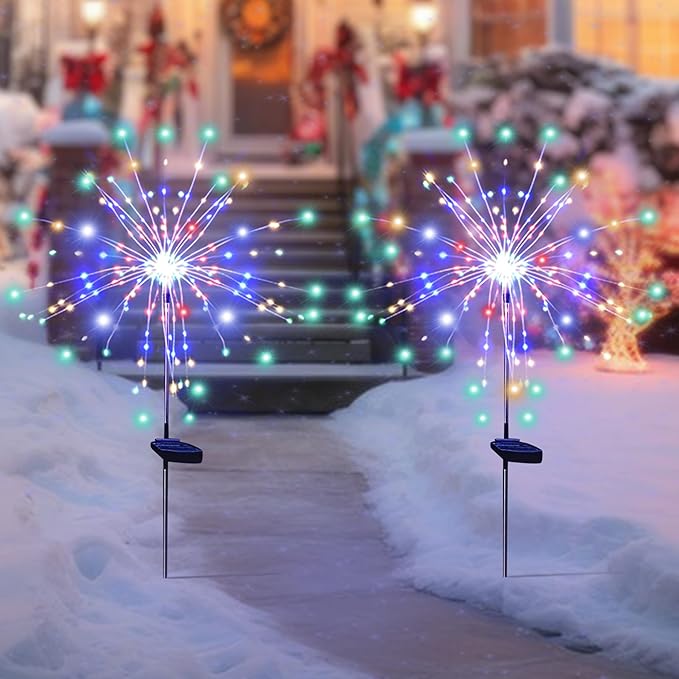 Solar Garden Lights for Outdoor Decor, Waterproof 2 Pack Solar Powered Firework Stake 120 LED Sparklers String Lights for Yard Pathway 4th of July Decorations(Colorful)