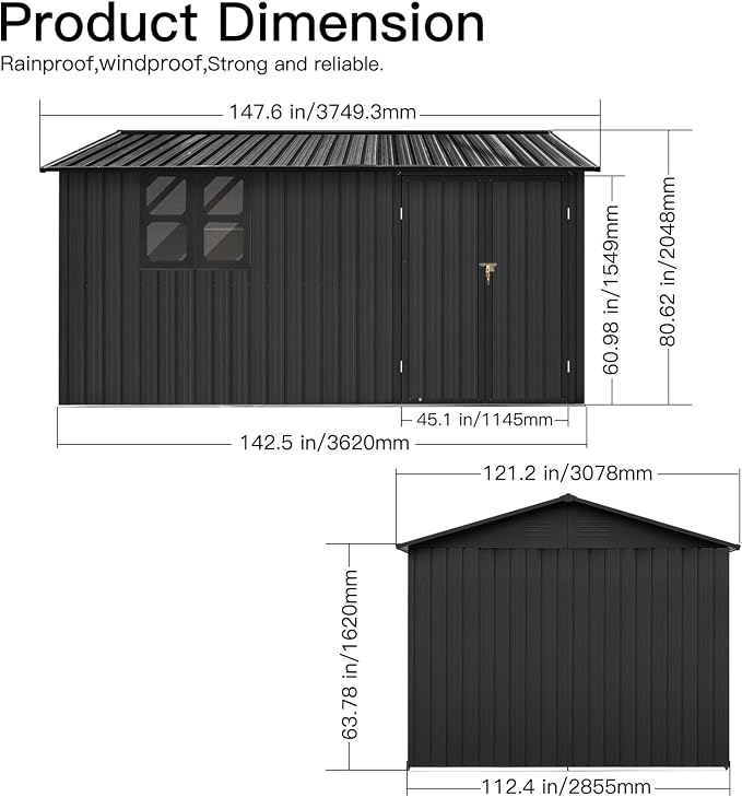10x12 FT Outdoor Storage Shed, Large Metal Garden Shed with Window & Hinged Door, Upgraded Outside Tool Shed with Foldable Worktable & 2 Shelves, Waterproof Storage Building for Backyard, Black - Image 2