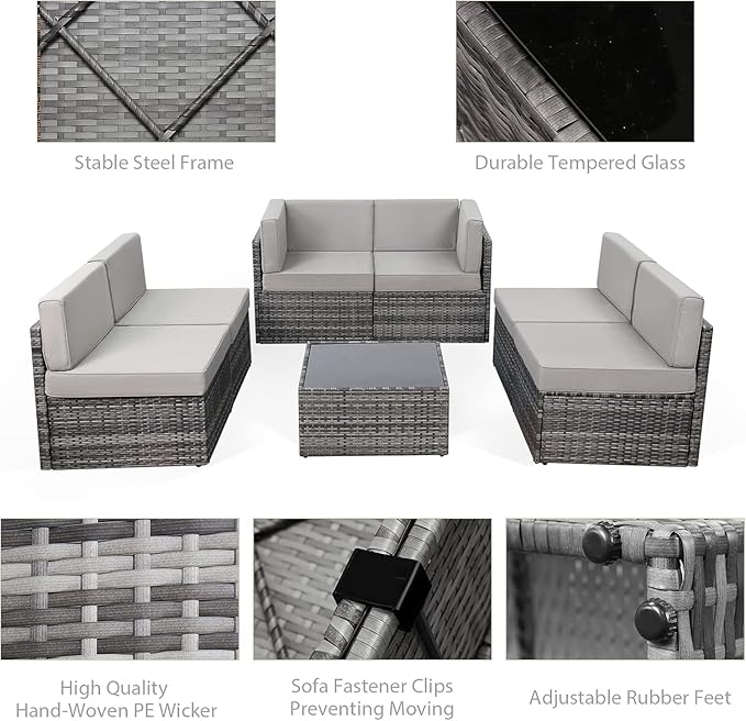 U-MAX 7 Piece Outdoor Patio Furniture Set, PE Rattan Outdoor Wicker Sectional Furniture Chair Set with Cushions and Tea Table, Grey Rattan and Grey Cushion