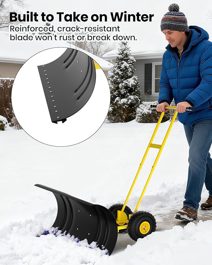 GarveeLife 29.5" Wide Heavy Duty Snow Pusher with Wheels for Driveway, Steel Blade, 7-Position Adjustable Angle, 60° Tilt Handle, Ergonomic Push Snow Shovel with Ground Protection - Image 6