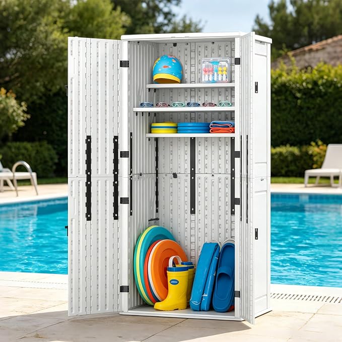 ZYJOYY Outdoor Storage Cabinet with 4 Shelves, 31.5" x 23.23" x 66.22" White Waterproof Resin Vertical Tool Shed, Lockable 30 cu.ft. Storage Shed for Patio, Garden, Yard by ZYJOYY