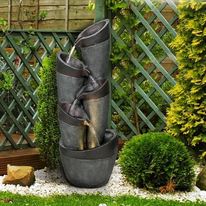 39.3" Indoor/Outdoor Garden Water Fountain with LED Lights, Pillars & Irregular Bowl Floor-Standing Fountain, 5-Tiers Cascading Waterfall Feature for Home Garden Decor