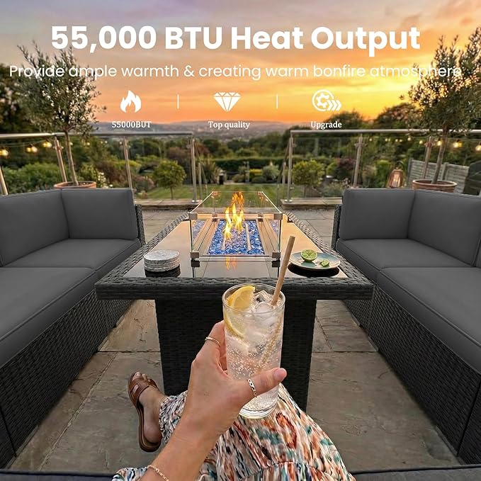 15 Pieces Patio Furniture Set with 44" Propane Gas Fire Pit Table, Outdoor Sectional Wicker Conversation Sofa Sets with Coffee Table