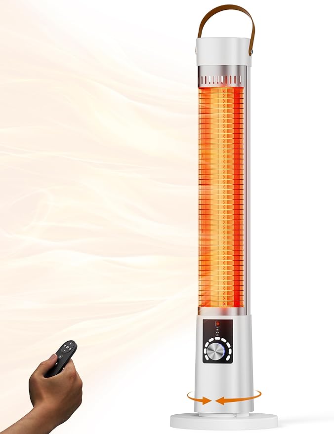 Patio Heater for Outdoor Use, Infrared Electric Outdoor Heater, 1500W Instant Heating, 60-Degree Oscillation, 9 Heat Levels, 9H Timer, Remote, for Garage, Backyard, Large Room, Indoor, 32.2", Ivory