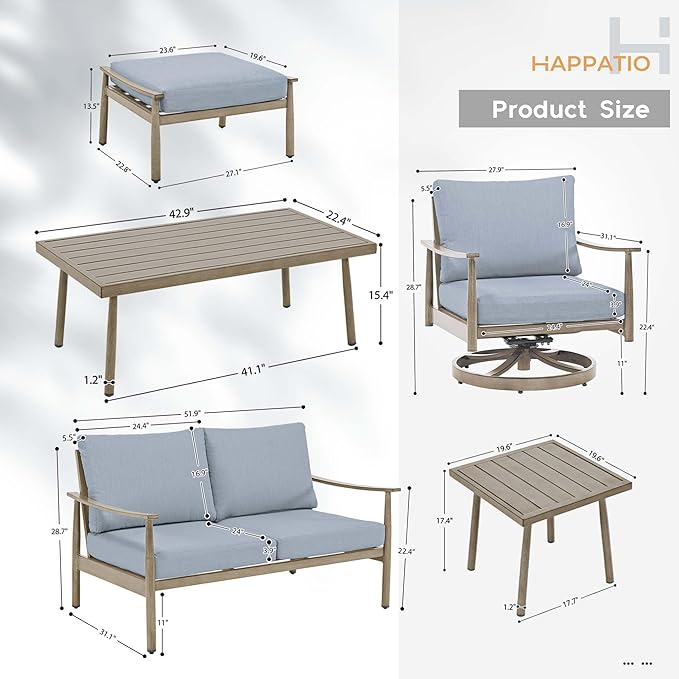 HAPPATIO Patio Outdoor Furniture Set - 7 Pieces Aluminum Outdoor Conversation Set Includes 1 Loveseat, 1 Side Table, 1 Coffee Table, 2 Swivel Chairs, and 2 Ottomans for Porch, Yard, Lawn (Brown)