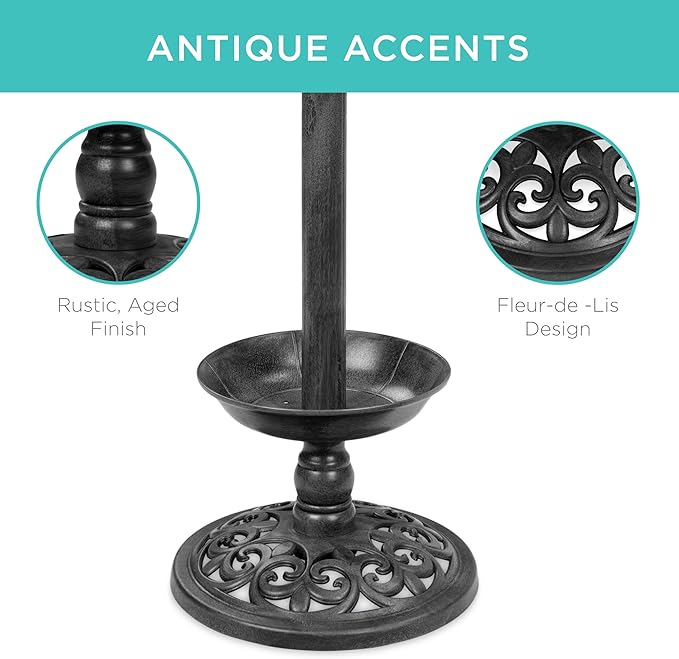 Best Choice Products Outdoor Solar Lighted Pedestal Bird Bath Fountain Decoration w/Planter, Integrated Panel, Scroll Accents for Lawn, Garden - Black