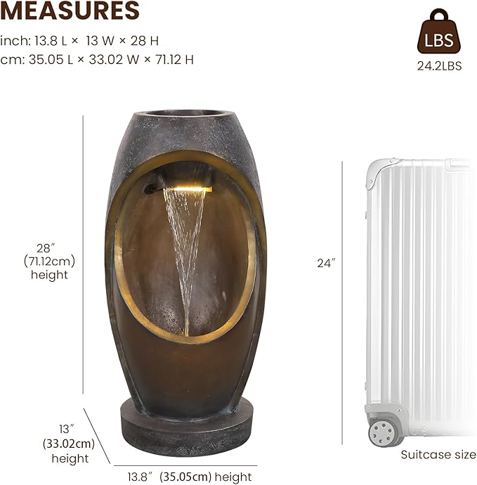 Waterfalll Water Fountain Outdoor Garden Patio Freestanding Fountains Water Feature with LED Lights, Planter Groove and Oval Cutout Design for Backyard Deck Porch Home Decor, Brown