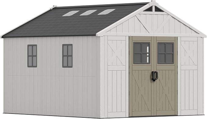 Devoko 10x12 FT Resin Outdoor Storage Shed with Floor, Large Plastic Garden Shed with Windows & Lockable Door, Multipurpose Tool Storage Shed for Patio Backyard Lawn, Beige by DEVOKO
