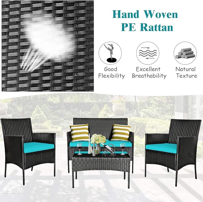 4 Pieces Patio Furniture Set, Outdoor Conversation Set with Ergonomic Curved Backrest, Patio Chair Set with Water-Resistant Cushion & Tempered Glass Table for Balcony,Porch (Turquoise)