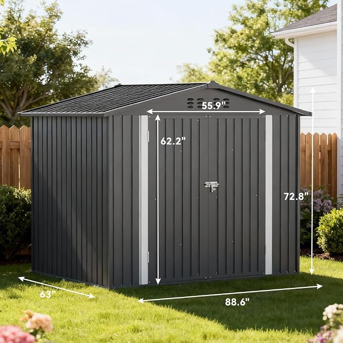 COMHOMA Shed Storage Outdoor Metal Windowed Lockable Weatherproof Ventilated Backyard Garden Utility Workshop(Grey,8'*6') - Image 6