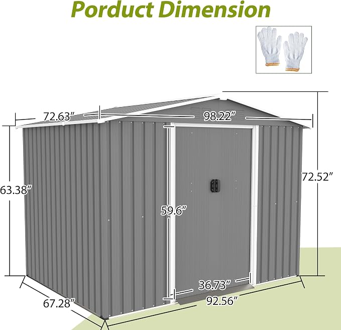 YOPTO 8X6 FT Outdoor Storage Shed with Roof,Waterproof House Tool Cabinet W/Metal Foundation & Lockable Doors,for Shovels,Umbrellas,Antennas,Escalators,Gray - Image 2