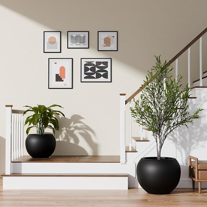 9.7" H x 12" D Premium Globo Fiberstone Round Planter with Drainage Hole, Smooth Finishes, Weather Resistant for Indoor and Outdoor Use, Included 2 Extra Coco Mats (Black, 7.8" Pot Opening)