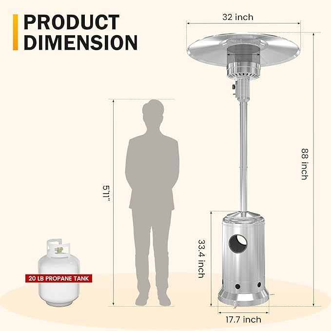 Sundale 50,000 BTU Patio Heater with wheels, Double-Layer Stainless Steel Burner Gas Powered Heaters for Outdoor Use, Propane Patio Heater for Home and Commercial Use, Heats Up to 18ft (Sliver)