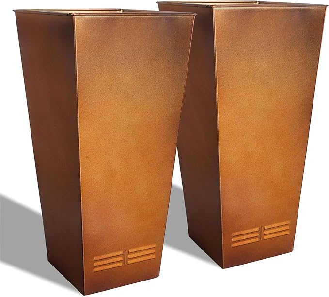 Worth 2 Pack 28" Tall Large Metal Planter, Tapered Steel Flower Pots with Insert Plate with Drain Holes & Air Vents for Indoor or Outdoor Use, Bronze
