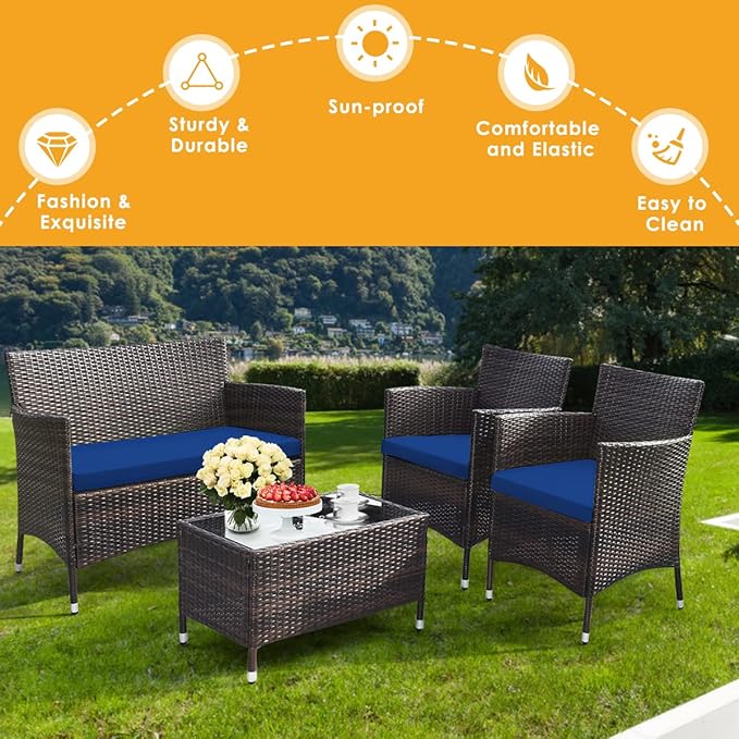 HAPPYGRILL 4 Pieces Patio Sofa Set Rattan Wicker Furniture Patio Conversation Set with Cushioned Sofa and Coffee Table for Outdoor Backyard Garden Poolside
