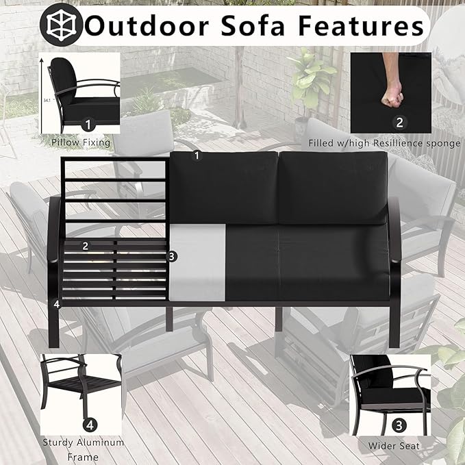 Aluminum Patio Furniture Set, 10 Seats Outdoor Patio Conversation Sets with Swivel Chair Modern Metal Sectional Sofa with Upgrade Cushions for Patio, Backyard - Black