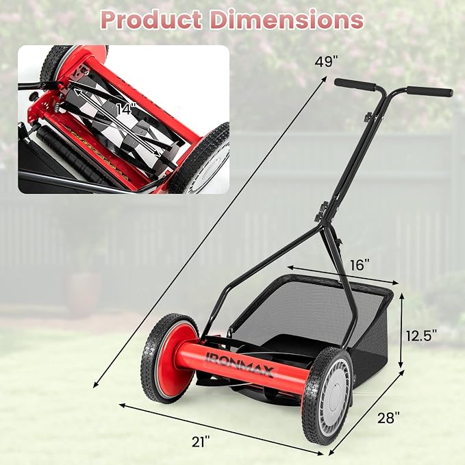 IRONMAX Lawn Mower, 14 Inch Push Reel Lawn Mower with 5 Steel Blades, Adjustable Cutting Heights, Grass Catcher Bag, Walk-Behind Manual Lawnmower for Garden Park Yard, No Motor (Red, 14 Inch) - Image 3