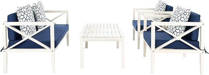 SAFAVIEH Outdoor Collection Nunzio Off-White/Navy Blue Cushion 4-Piece Conversation Patio Set with Accent Pillows