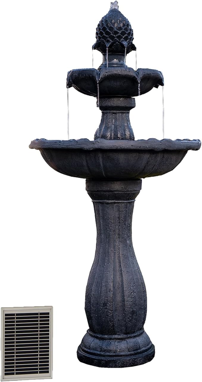 XBrand 44" Solar Powered 2-Tier Outdoor Water Fountain, Fiberglass Resin Fountain with Solar Panel and Auto Shut-Off Pump, Black