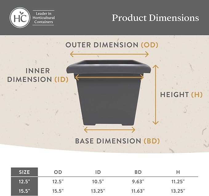 The HC Companies Accent Square Plant Pot w/Drainage - Classic Planters for Outdoor Plants & Indoor Plants - Lightweight & UV-Resistant Square Planter Box (15.5”, Black, Pack of 1)