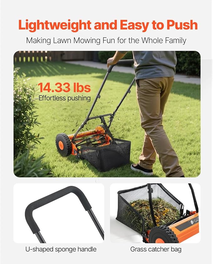 14" Manual Push Reel Lawn Mower 5-Blade Adjustable Height Grass Catcher 2 Wheels - Image 5