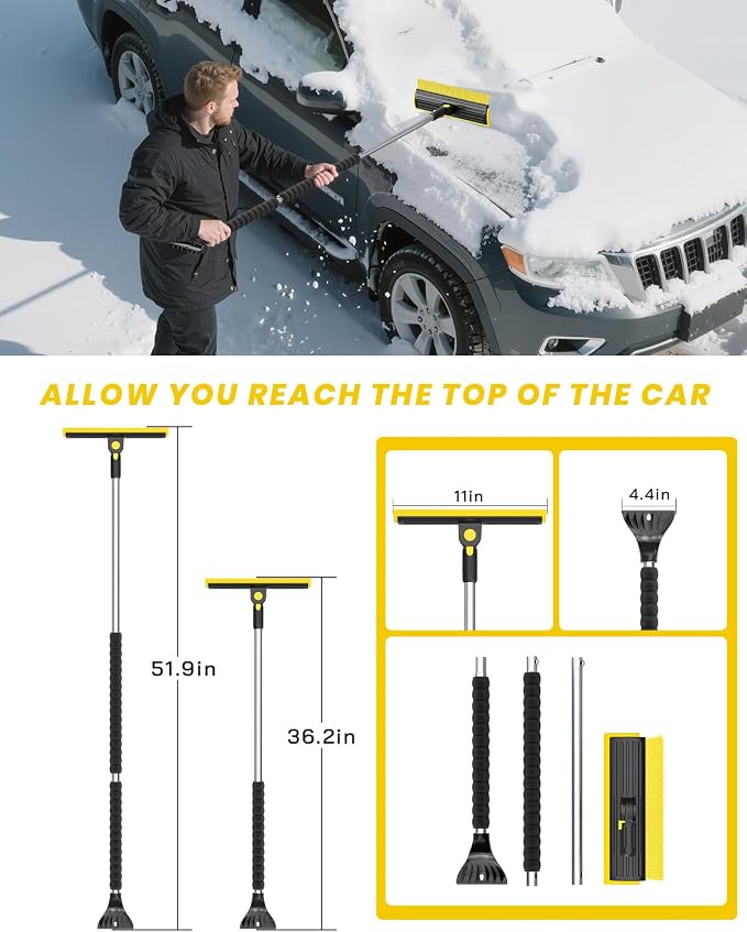 helloleiboo 2025 Extra Long 55.7" Ice Scrapers for Car Windshield Multi-Functional Detachable Car Ice Scraper with Foam Grip and 270° Pivoting Brush Head Snow Brush for SUV Truck Auto(Yellow) - Image 8