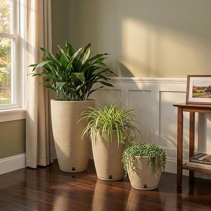 Floridis Planter, Set of 3, Outdoor/Indoor, Plastic Resin (Beige)