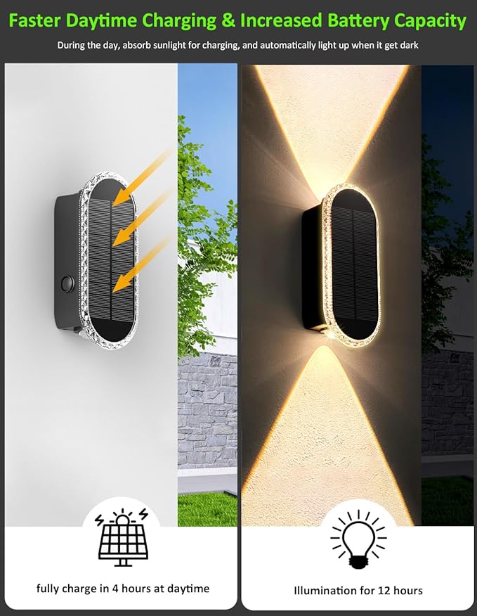 Solar Fence Lights Outdoor, 3000K/4000K/6000K 3 Modes Solar Wall Lights Outdoor Waterproof, Up&Down Dual-Head Outdoor Solar Lights for Yard House Fence Backyard Deck Garden Patio Porch, 4 PK