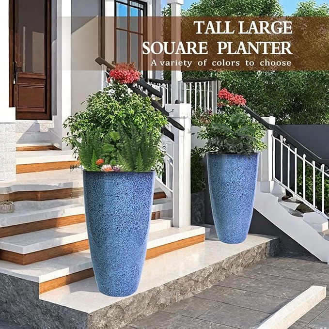 2 Pcs Pack 21 Inches Plastic Resin Tall Tapered Planter Pots Large Round Planter Flower Pot with Drainage Holes for Indoor Outdoor Deck Porch Garden Home Patio Front Door (Blue, L)